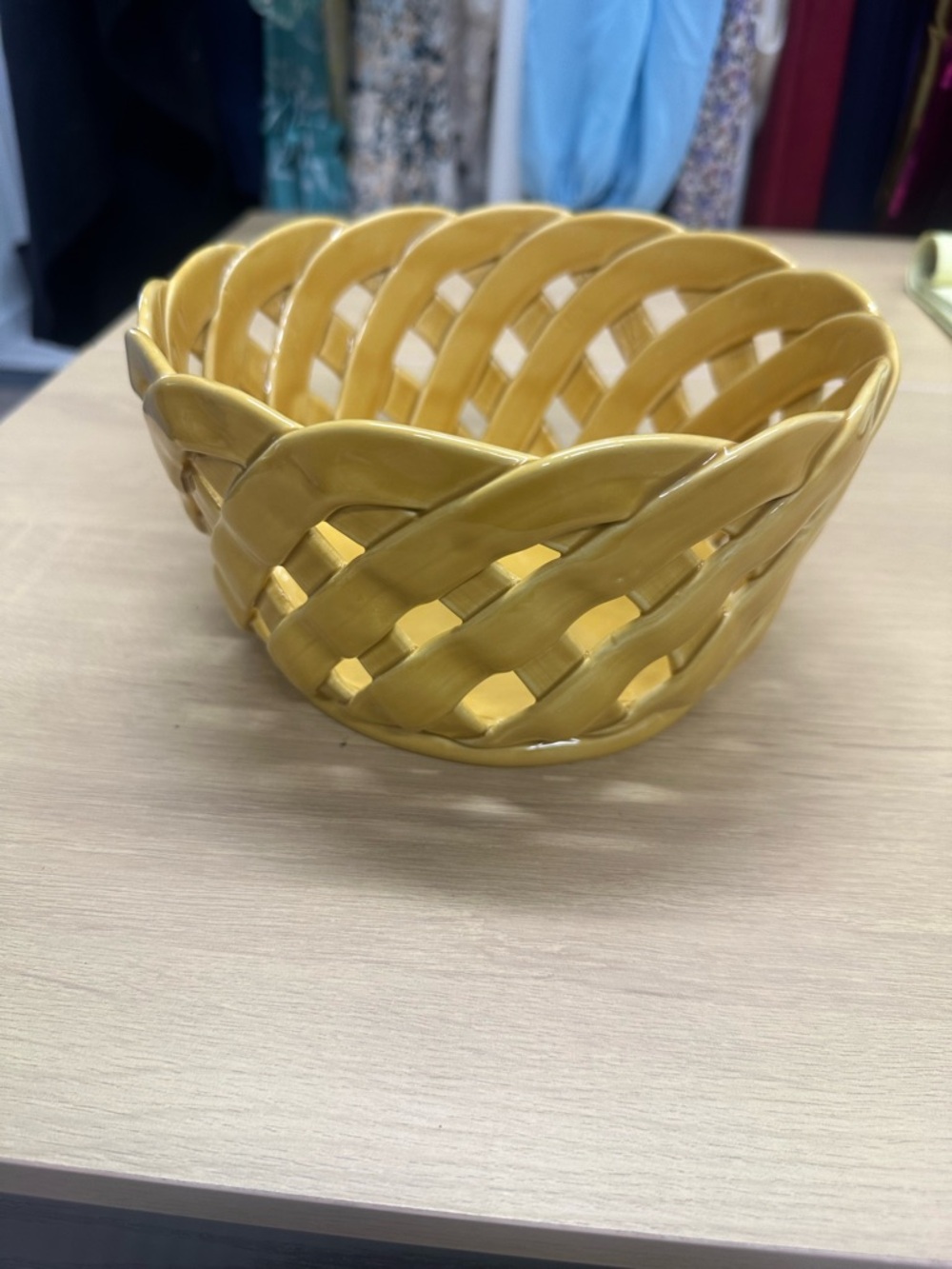 Artimono Earthware Yellow Ceramic Woven Basket EUC - Picture 1 of 4